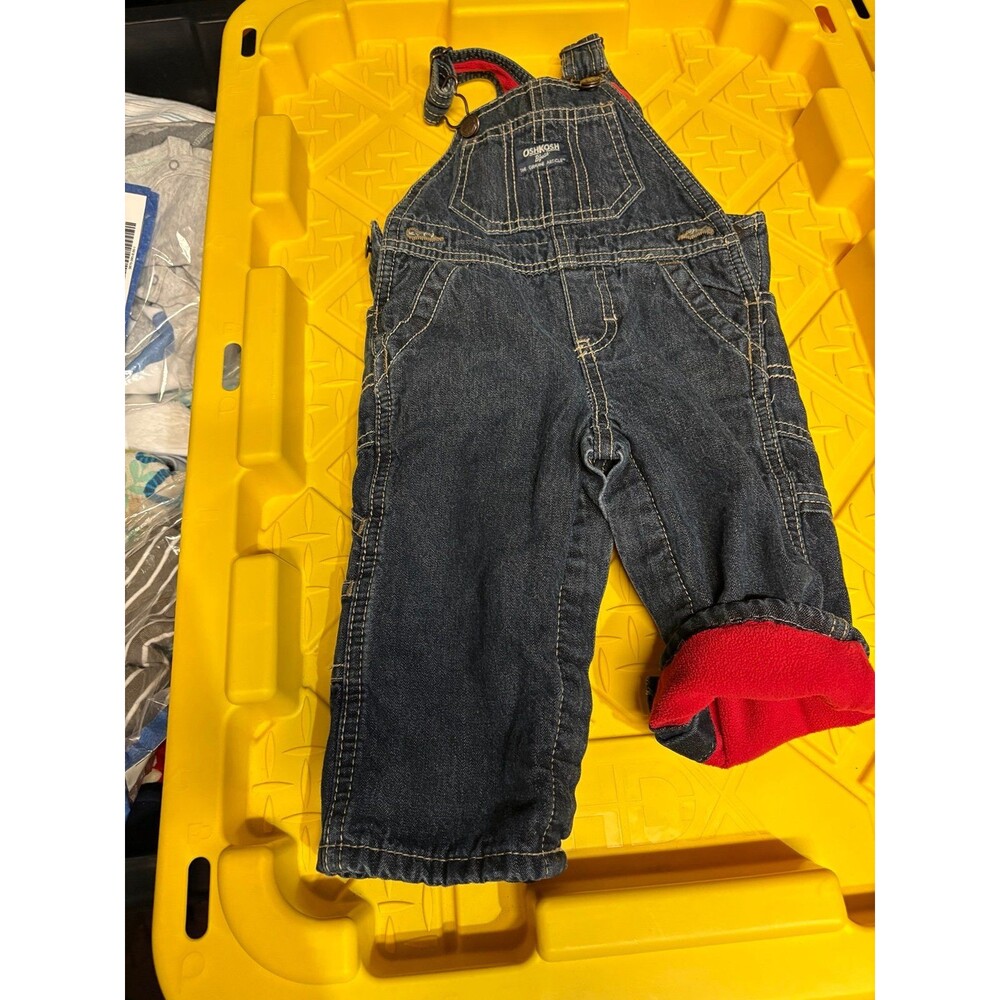 OshKosh B'gosh toddler denim overalls red fleece lining. 9M
